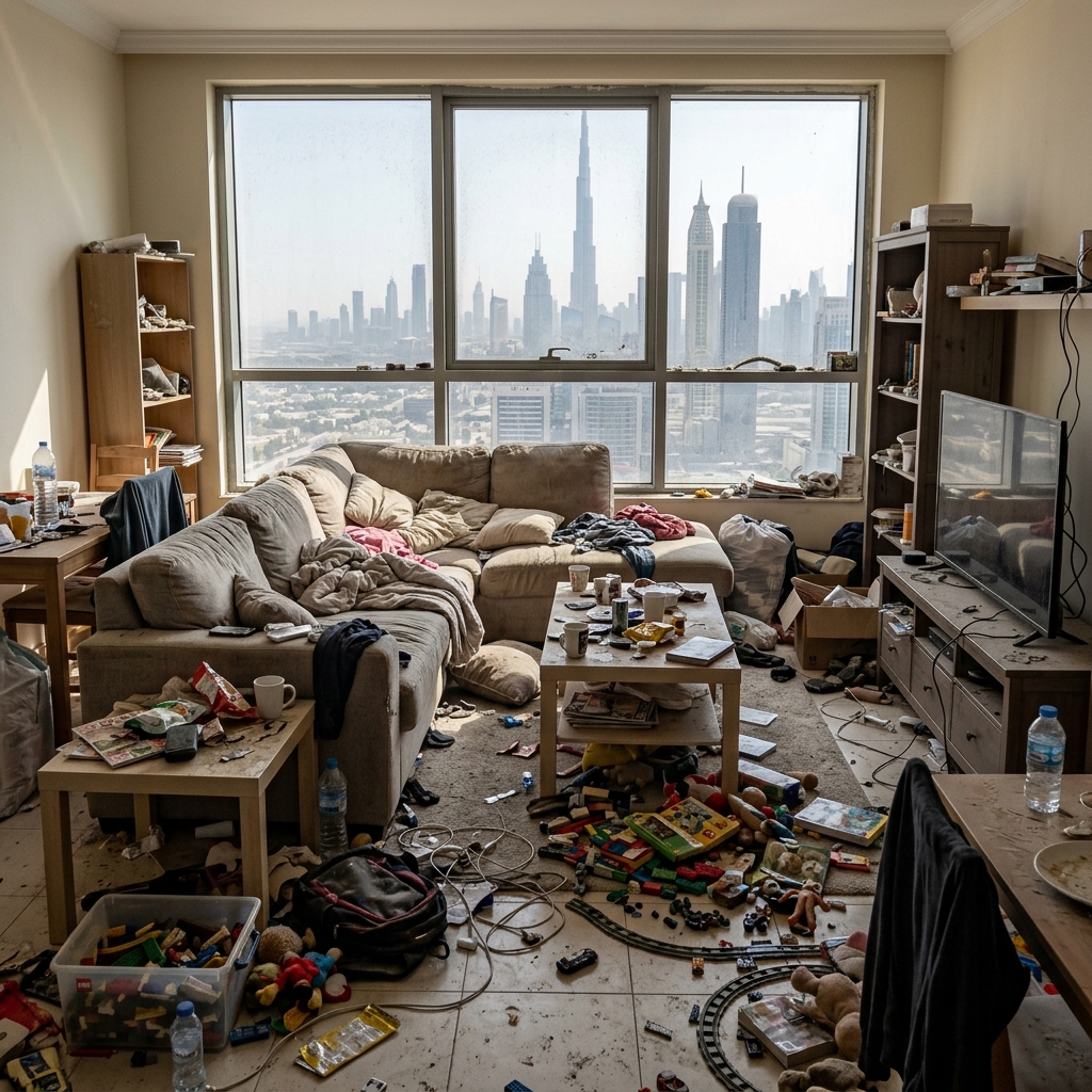 Messy living room before cleaning